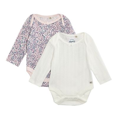Pack of two baby girls' pink floral print and cream textured bodysuits
